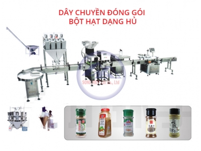 Dây chuyên đóng gói bột hạt dạng hủ - dây chuyền đóng gói hủ hạt mè - dây chuyền đóng gói hủ muối tiêu - dây chuyền đóng gói hủ thức an nuôi cá